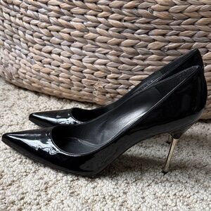 Stuart Weitzman Black Patent Pointed-Toe Stiletto Pumps with Metallic Heel